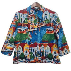 KAKTUS Women’s Multicolored Denim City Boats Jacket Button Up Pockets Size L